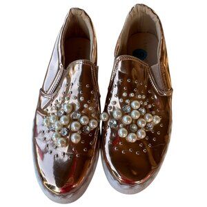 Skechers Bamboo Brand Shiny Gold Slip-on Fashion Shoes w/Accents Women's Size 10